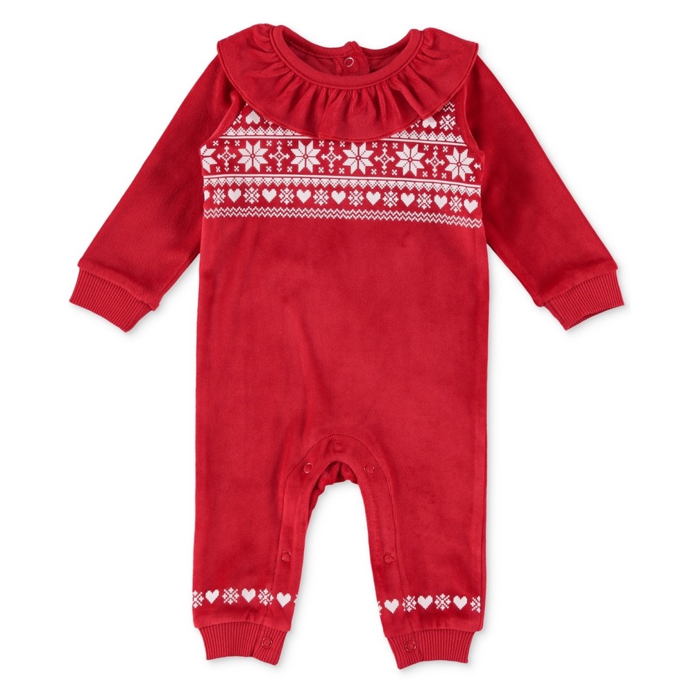 Chickpea Baby Girls Fair Isle-Print Ruffled Fleece Coverall - Red - Size 3-6 M